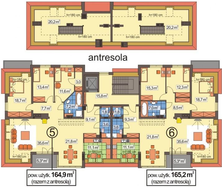 Projekt budynku wielorodzinnego Domy Szczęśliwe 1 wersja A - rzut poddasza, dom liczy 16 pokoje, 10 łazienki i wc