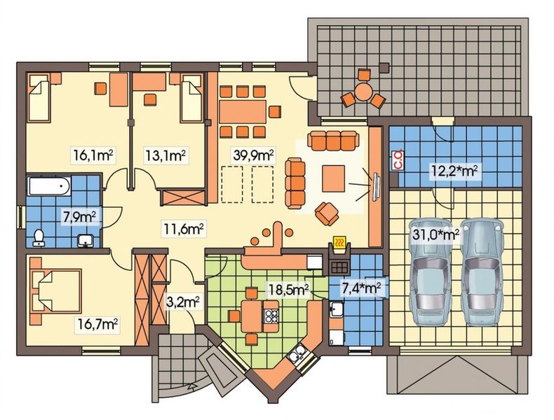 Parter projektu Irys C z powiększoną kotłownią podwójny garaż