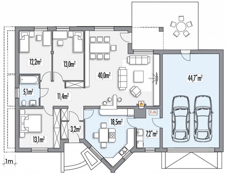 Parter projektu Irys C z powiększoną kotłownią podwójny garaż poszerzony