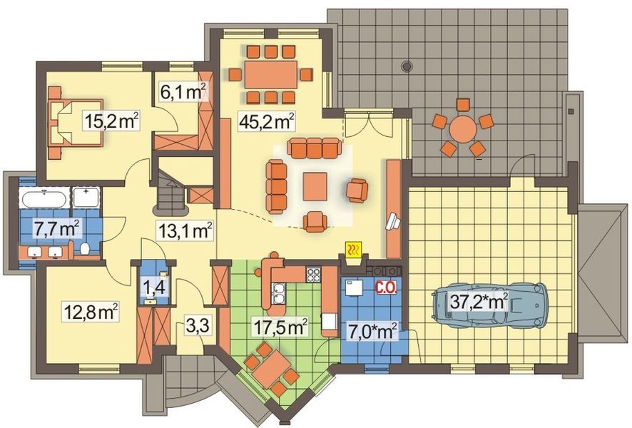 Parter projektu Irys 2 B z powiększoną kotłownią, podwójny garaż, wąska działka