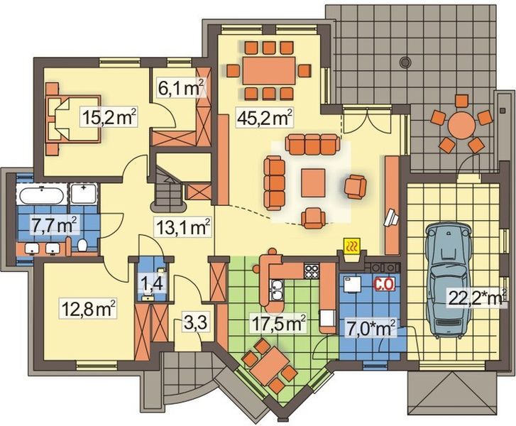 Parter projektu Irys 2 C z powiększoną kotłownią, pojedynczy garaż