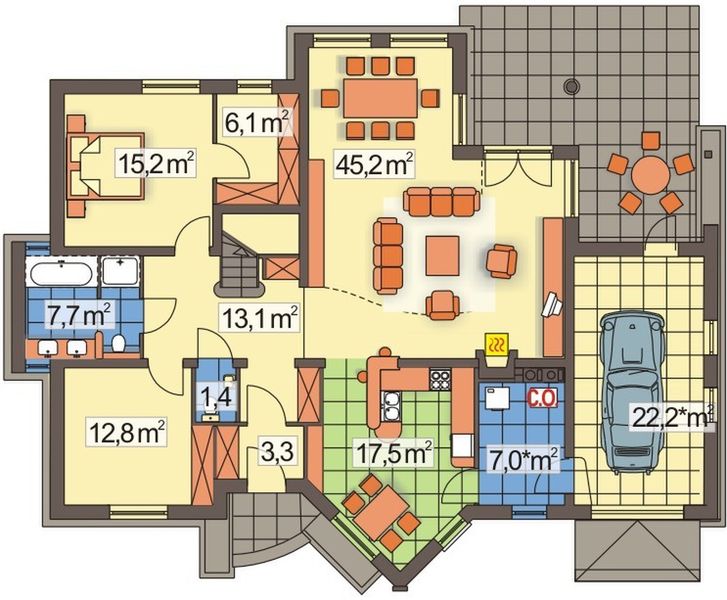 Parter projektu Irys 2 D z powiększoną kotłownią, bez garażu