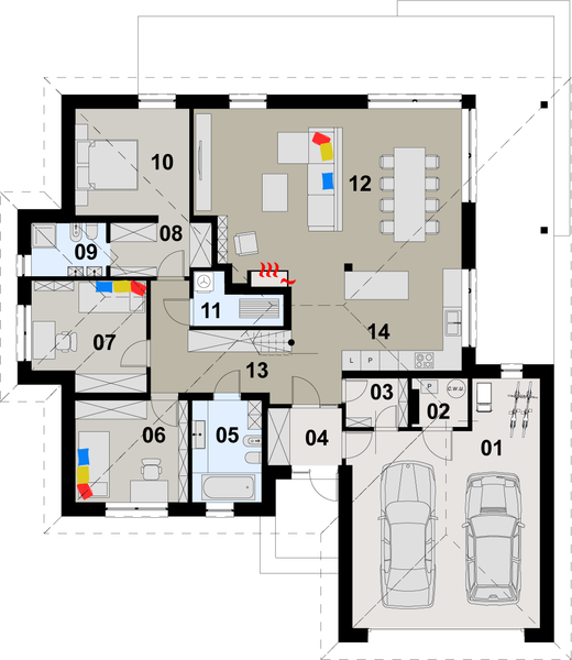 Projekt domu TK74 - rzut parteru, dom liczy 3 pokoje, 2 łazienki i wc