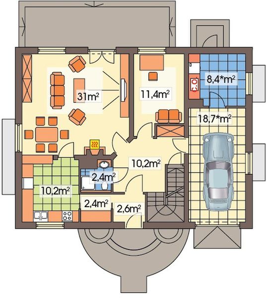 Parter projektu Tymek paliwo stałe wersja C z poj. gar. ścianką kolankową i piwnicą