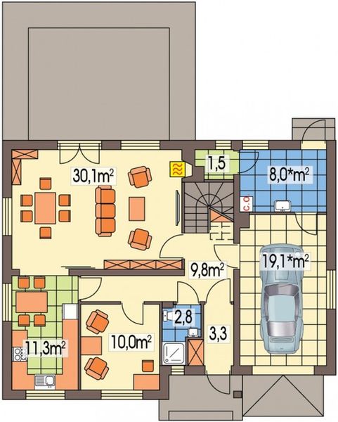 Parter projektu Werbena paliwo stałe wersja A z pojedynczym garażem