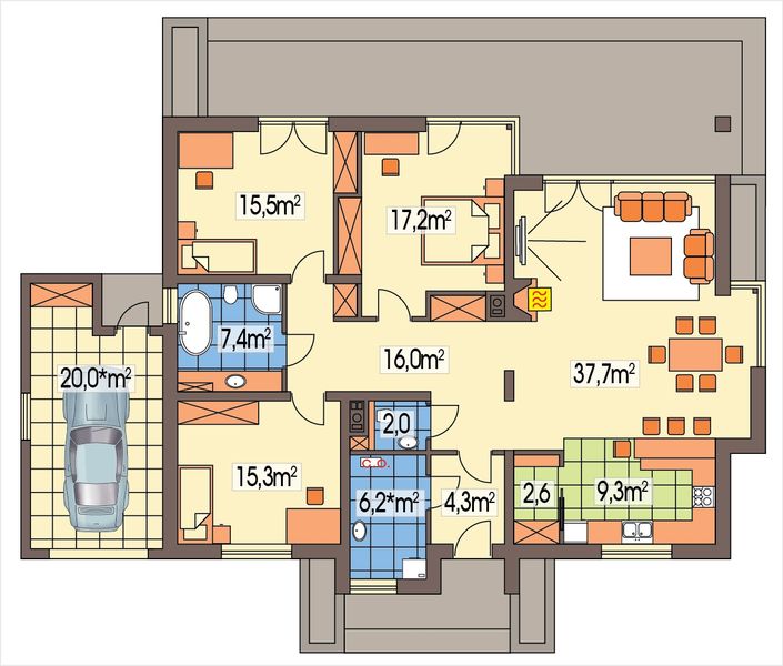 Parter projektu Alabama 3 wersja C z pojedynczym garażem paliwo stałe