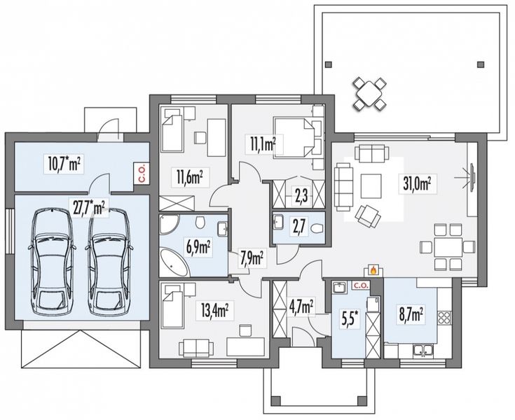Parter projektu Antek 2C 2-garaże PS