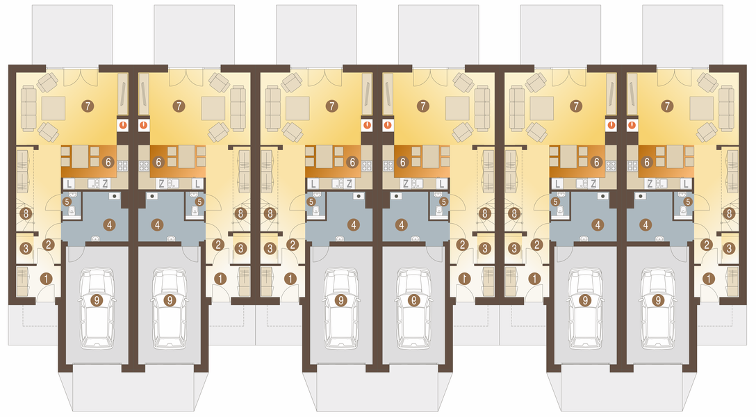 Parter projektu Azalia II z garażem 1-st. szeregówka [A-SZ]