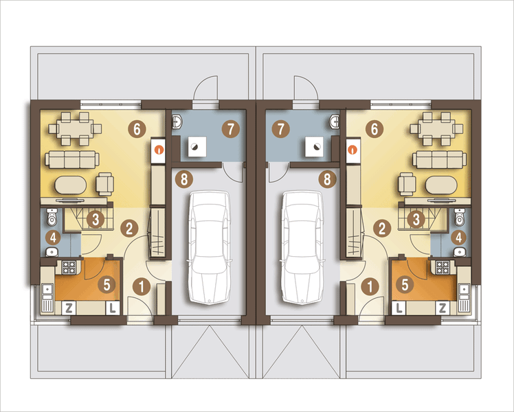 Parter projektu Szczęśliwa z garażem 1-st. bliźniak [A-BL1]