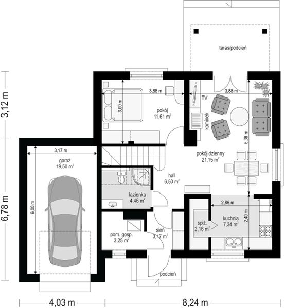 Parter projektu Pchełka z garażem