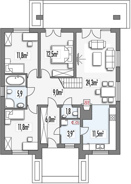 Parter projektu Małgosia wersja DD bez garażu, z poddaszem, bez wykusza paliwo stałe