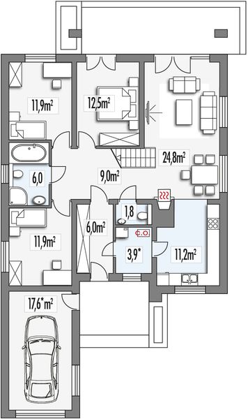 Parter projektu Małgosia wersja EE z garażem z przodu, z poddaszem, bez wykusza paliwo stałe