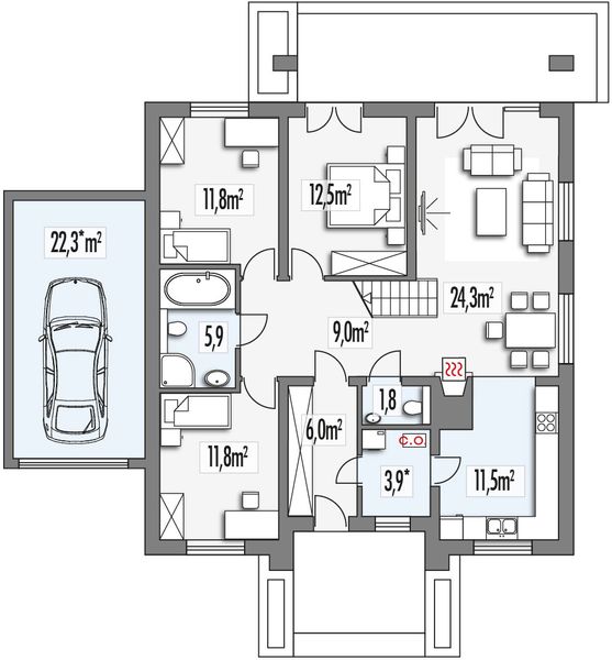 Parter projektu Małgosia wersja FF z garażem z boku, z poddaszem, bez wykusza paliwo stałe