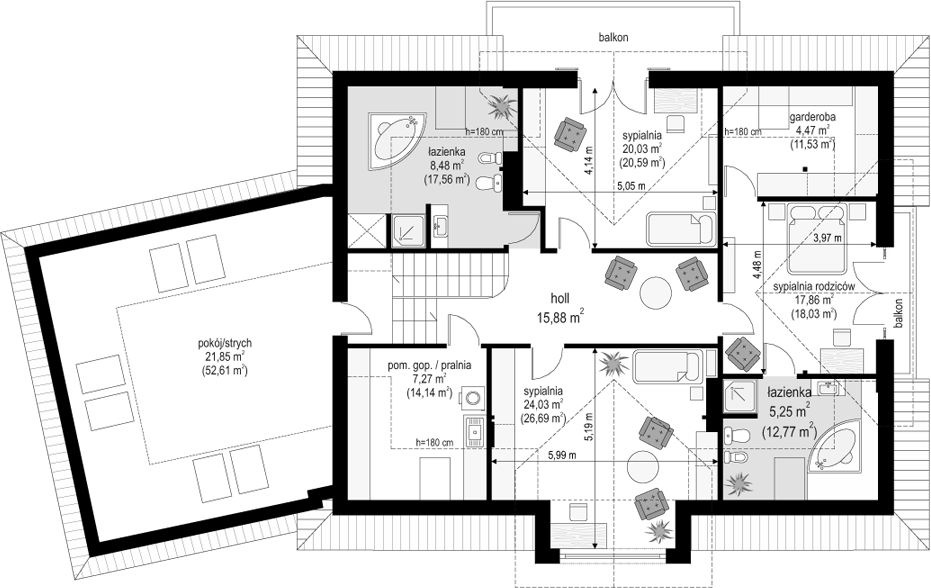 Poddasze projektu Dom z kolumnami