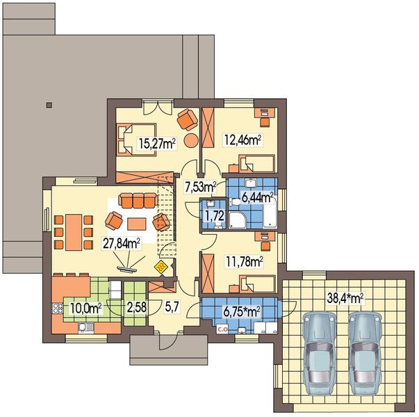 Parter projektu Bella wersja C z podwójnym garażem paliwo stałe