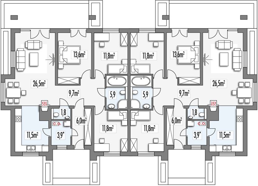 Parter projektu Małgosia bliźniak wersja A bez garażu, parterowa, z wykuszem PS