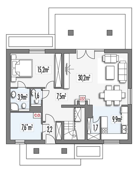 Parter projektu Słoneczko 2 wersja A bez garażu paliwo stałe