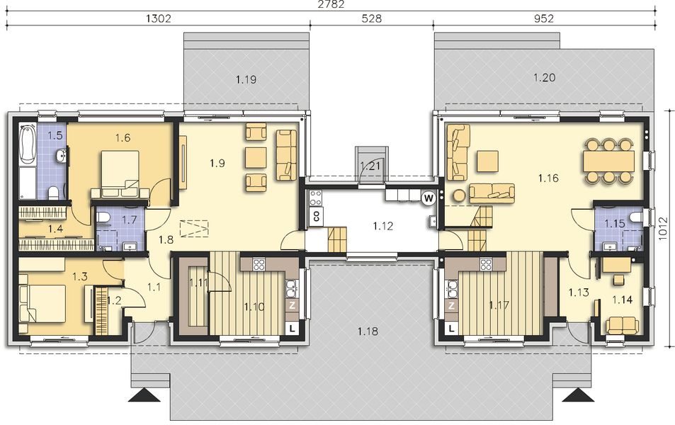 Projekt domu Odense DCP322 - rzut parteru, dom liczy 6 pokoje, 5 łazienki i wc