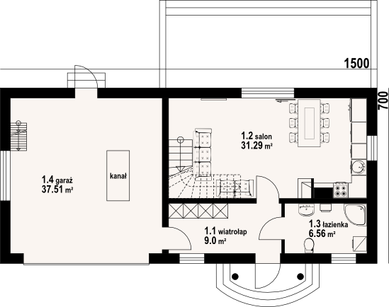 Projekt domu Gródek 55 - rzut parteru, dom liczy 3 pokoje, 2 łazienki i wc