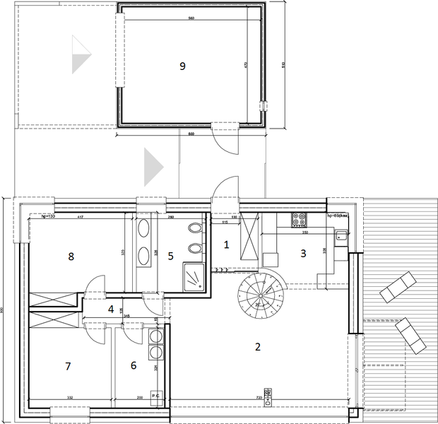 Projekt domu eko Typowy 14 - rzut parteru, dom liczy 3 pokoje, 2 łazienki i wc