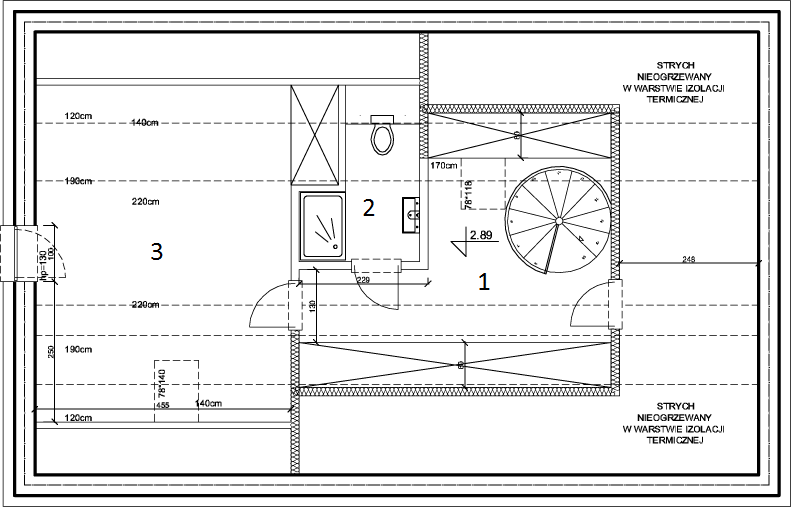 Projekt domu eko Typowy 14 - rzut poddasza, dom liczy 3 pokoje, 2 łazienki i wc