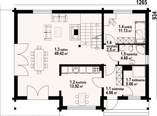Projekt domu Bolesławice 15 dw - rzut parteru, dom liczy 4 pokoje, 2 łazienki i wc
