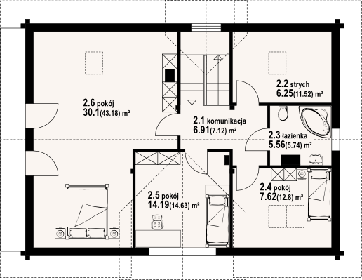 Projekt domu Bolesławice 15 dw - rzut poddasza, dom liczy 4 pokoje, 2 łazienki i wc