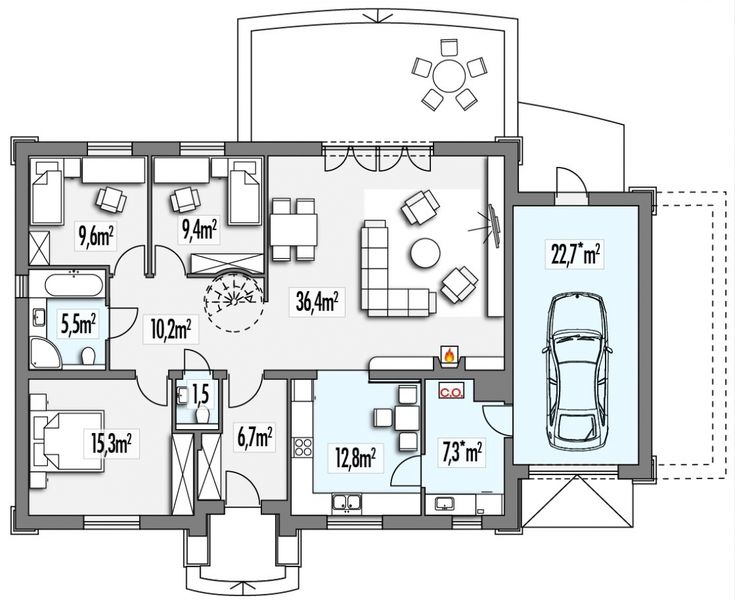 Parter projektu Azalia C z pojedynczym garażem