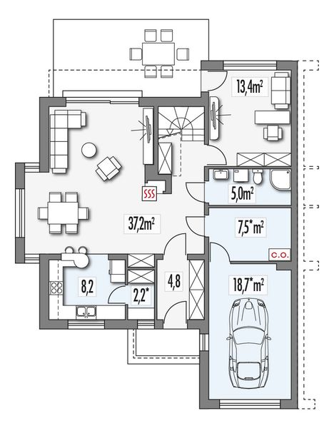 Projekt domu Vivien bliźniak segment wersja B z wykuszem paliwo stałe - rzut parteru, dom liczy 4 pokoje, 2 łazienki i wc