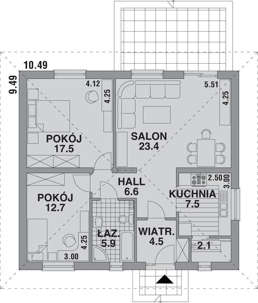 Projekt domu 105 - rzut parteru, dom liczy 2 pokoje, 1 łazienki i wc