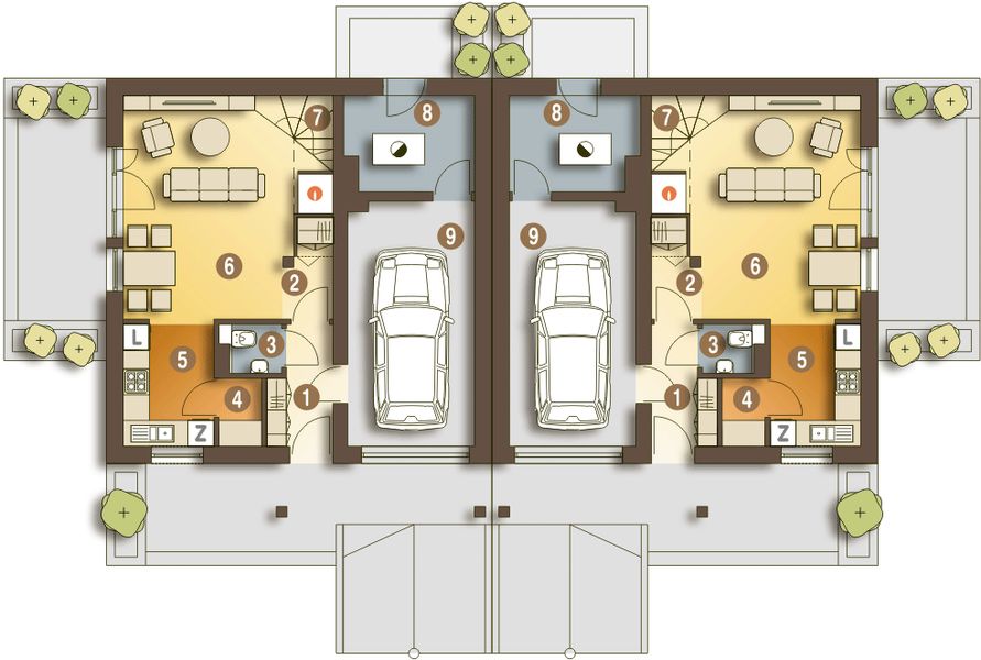 Parter projektu Turkawka z garażem 1-st. bliźniak [A-BL1]