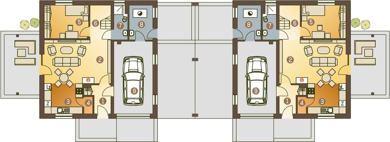 Projekt domu Nowinka z garażem i wiatą bliźniak [A1-BL1] - rzut parteru, dom liczy 4 pokoje, 2 łazienki i wc