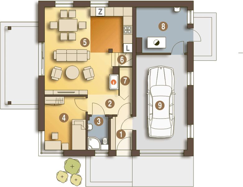 Parter projektu Nowinka II z garażem 1-st. [A]