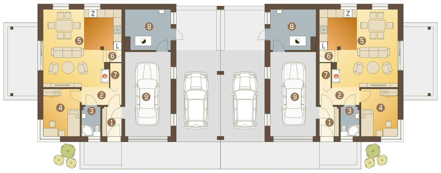 Parter projektu Nowinka II z garażem i wiatą bliźniak [A1-BL1]