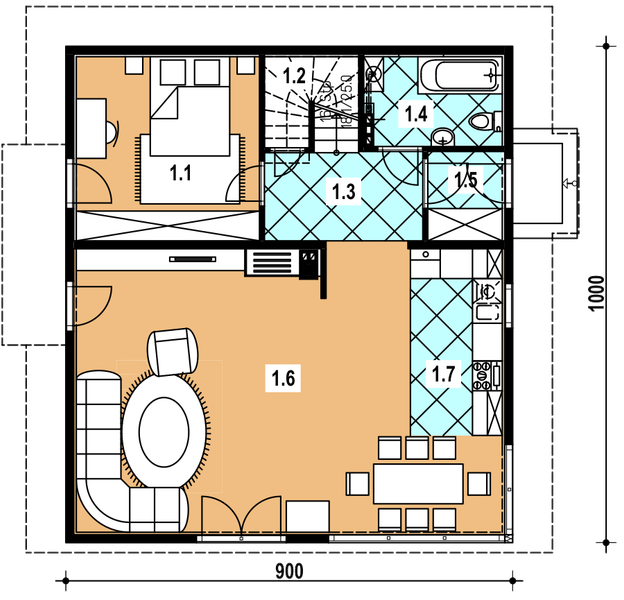 Projekt domu A-141 Dom topolowa - szkieletowy - rzut parteru, dom liczy 4 pokoje, 2 łazienki i wc