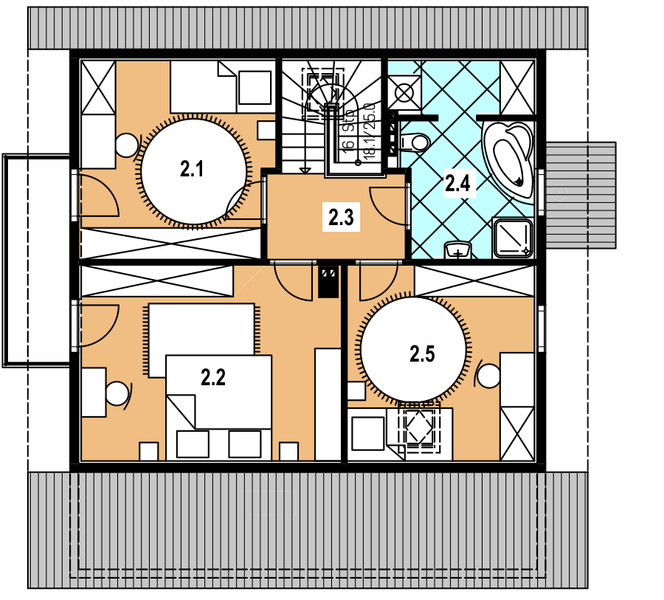 Projekt domu A-141 Dom topolowa - szkieletowy - rzut poddasza, dom liczy 4 pokoje, 2 łazienki i wc