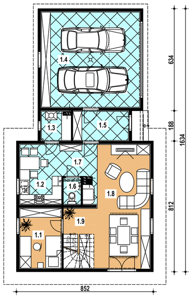 Projekt domu A-142 Dom lawendowa - szkieletowy - rzut parteru, dom liczy 5 pokoje, 2 łazienki i wc