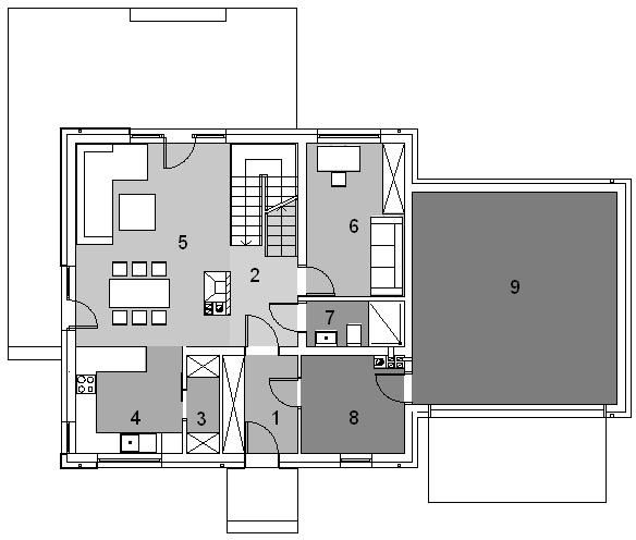 Projekt domu Eco 10 - rzut parteru, dom liczy 4 pokoje, 3 łazienki i wc