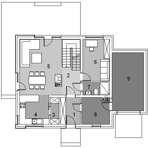 Projekt domu Eco 11 - rzut parteru, dom liczy 4 pokoje, 3 łazienki i wc