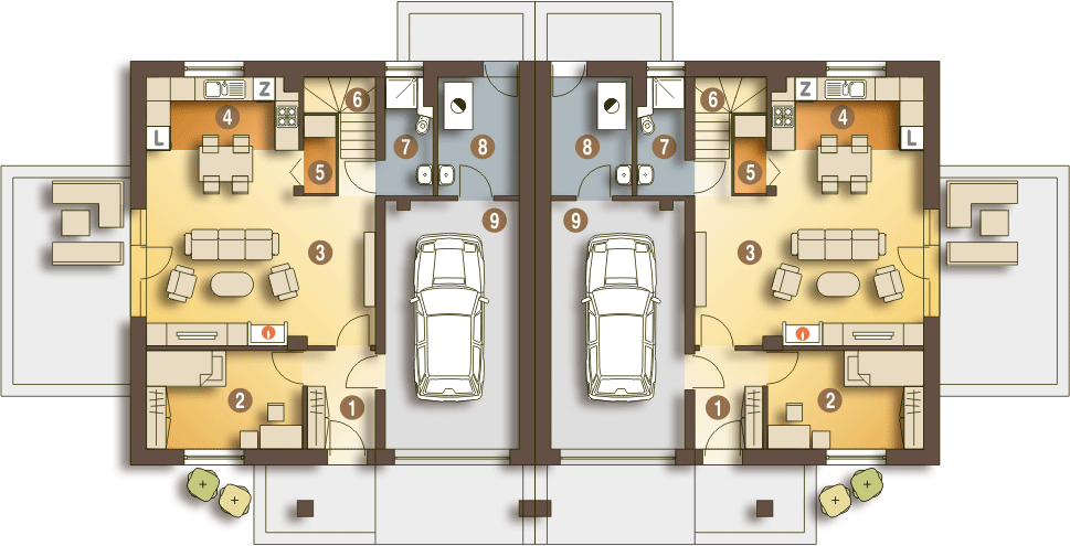 Parter projektu Nowinka III z garażem 1-st. bliźniak [A-BL1]