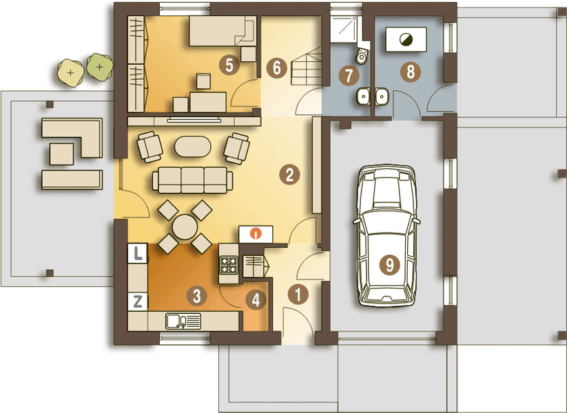 Parter projektu Nowinka z garażem i wiatą [A1]