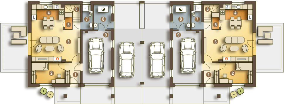 Projekt domu Nowinka III z garażem i wiatą bliźniak [A1-BL1] - rzut parteru, dom liczy 4 pokoje, 2 łazienki i wc