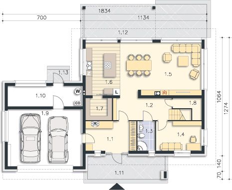 Projekt domu Carrara III DCP332b - rzut parteru, dom liczy 5 pokoje, 2 łazienki i wc