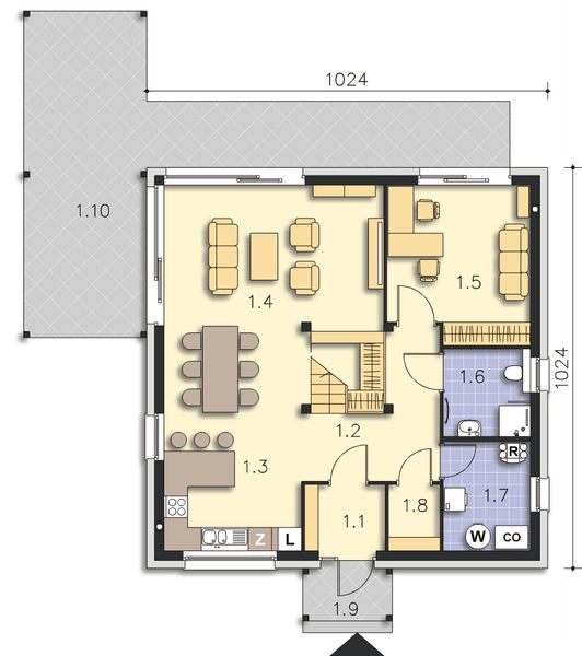 Projekt domu Koge II DCP402a - rzut parteru, dom liczy 4 pokoje, 2 łazienki i wc