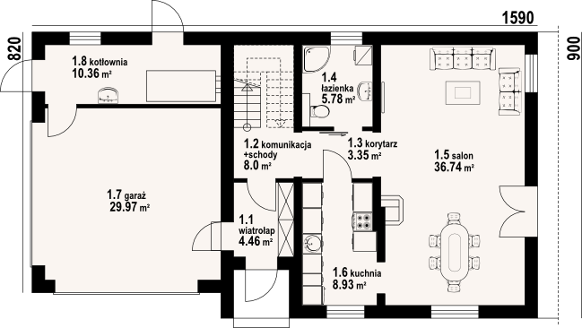 Projekt domu Osiek 15n - rzut parteru, dom liczy 4 pokoje, 2 łazienki i wc