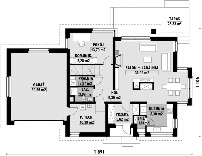 Projekt domu E-196 - rzut parteru, dom liczy 4 pokoje, 3 łazienki i wc
