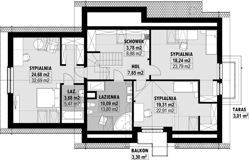 Projekt domu E-196 - rzut poddasza, dom liczy 4 pokoje, 3 łazienki i wc