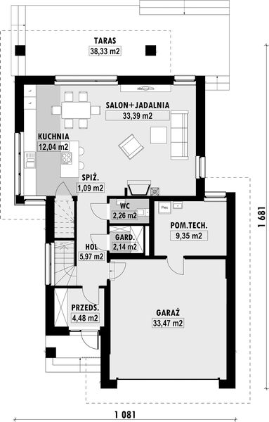 Projekt domu E-200 - rzut parteru, dom liczy 3 pokoje, 3 łazienki i wc