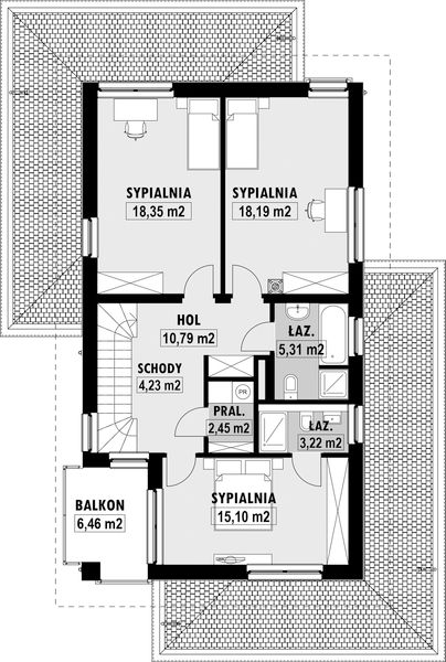 Projekt domu E-200 - rzut 1 piętra, dom liczy 3 pokoje, 3 łazienki i wc