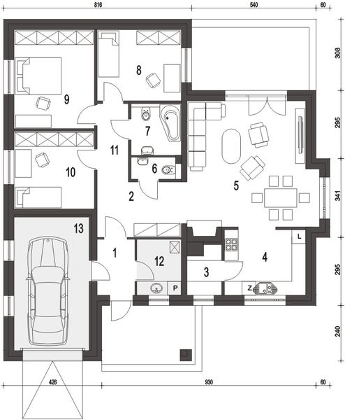 Parter projektu Radek III z garażem 1-st. [A]